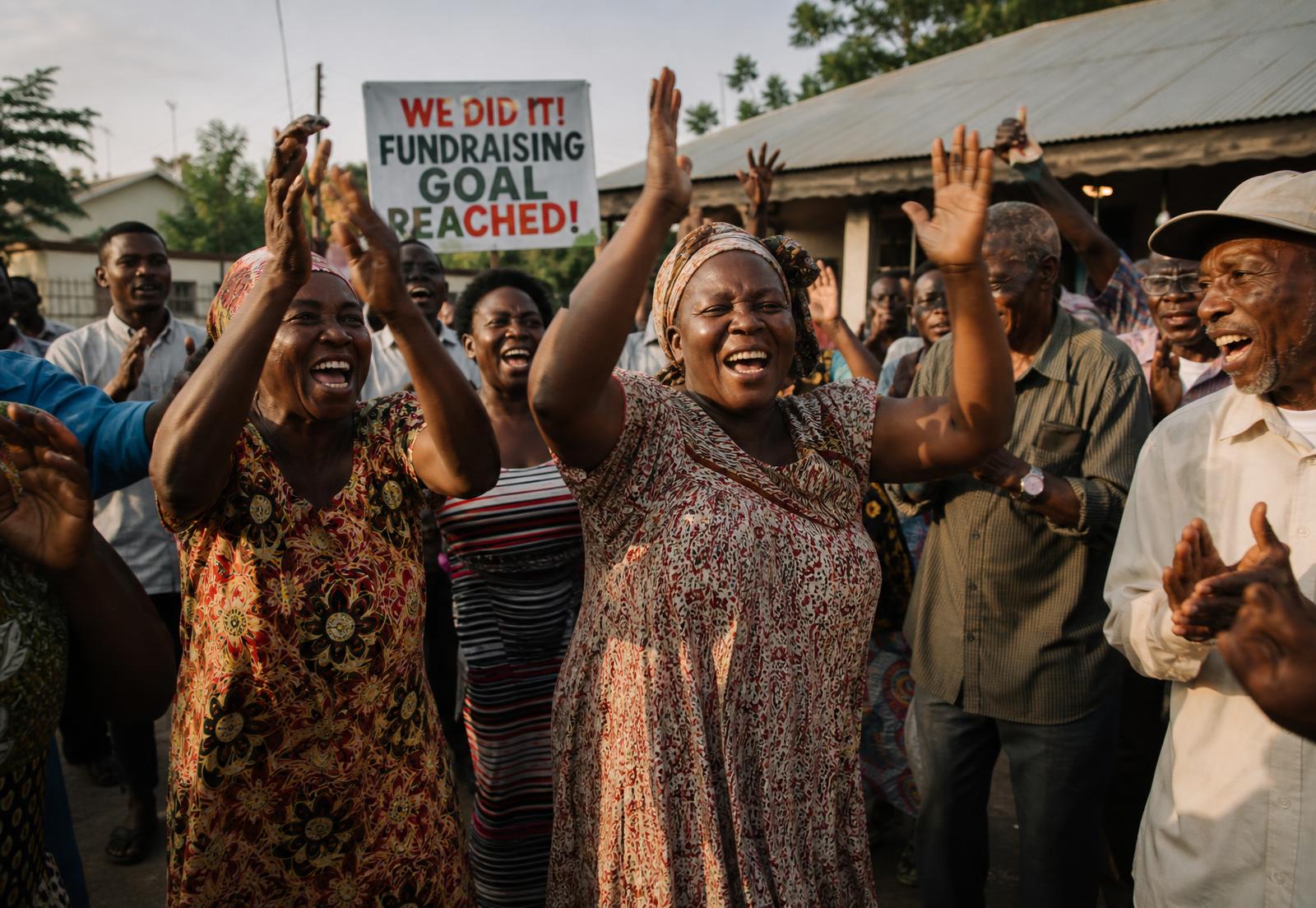 African community celebrating after reaching a fundraising goal
